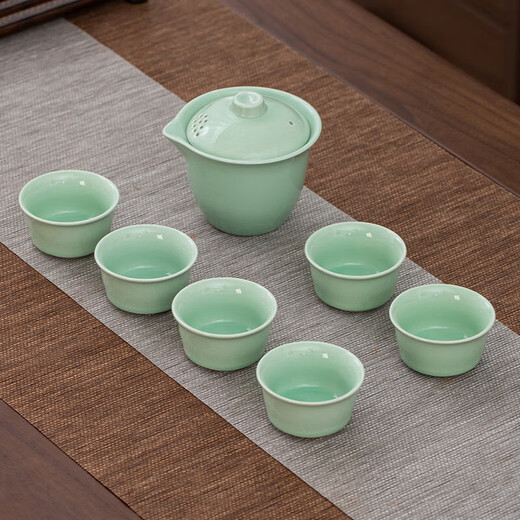 Celadon handle teapot Kung Fu tea set ceramic household simple teapot tea cup complete set Japanese style small set 7-head celadon hand holding pot flat cup