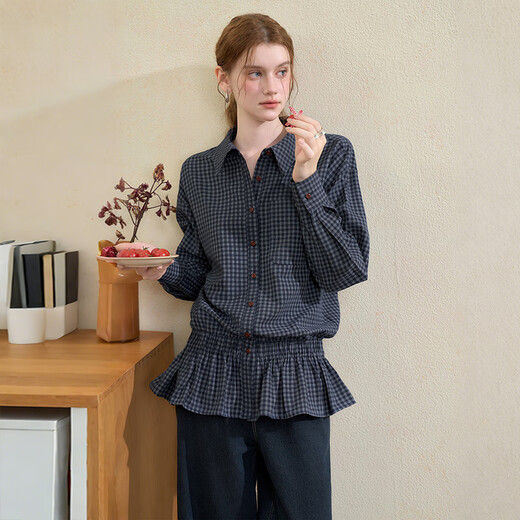 Westlink Retro Blue Plaid Shirt Women's Autumn New Waist Ruffle Design Shirt Jacket Blue M (160)