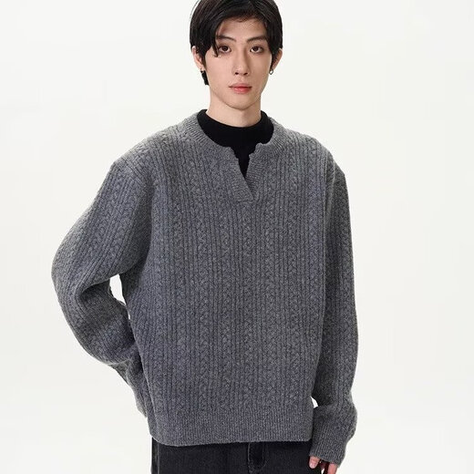 American retro twist men's design autumn and winter sweater lazy base layer high-end Henry sweater v-neck jacket gray counter quality M