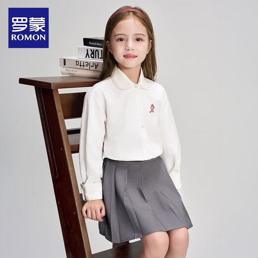 Romon children's clothing French preppy shirt girls autumn lace doll collar top embroidered white shirt white 120