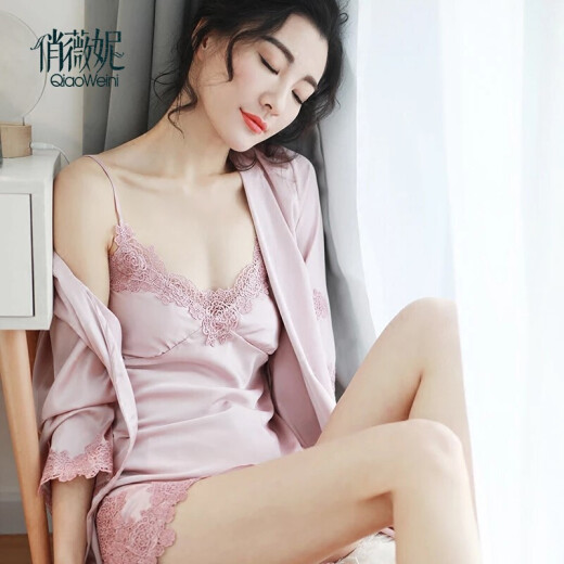 Qiaoweini pajamas women's spring and summer new sexy pure desire suspender nightgown shorts outer robe four-piece set imitation silk spring and autumn women's ice silk vest summer with breast pad nightgown home wear set 5714 Sakura Pink (four-piece set with breast pad) M