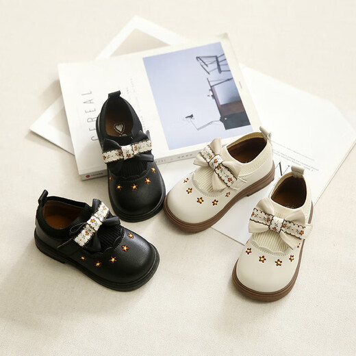 G.duck Little Yellow Duck Girls Leather Shoes Autumn New Baby Elastic Band Bow Single Shoes Soft Soled Princess Shoes Kindergarten Shoes Off-White 20 Inner Length 13cm