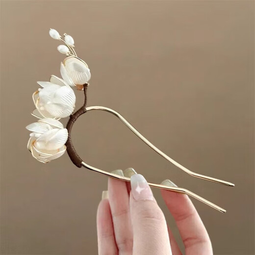 Other brands new Chinese style magnolia flower hairpin high-end U-shaped hairpin 2025 new headwear gentle temperament hairpin white magnolia flower U-shaped hairpin 1 pack