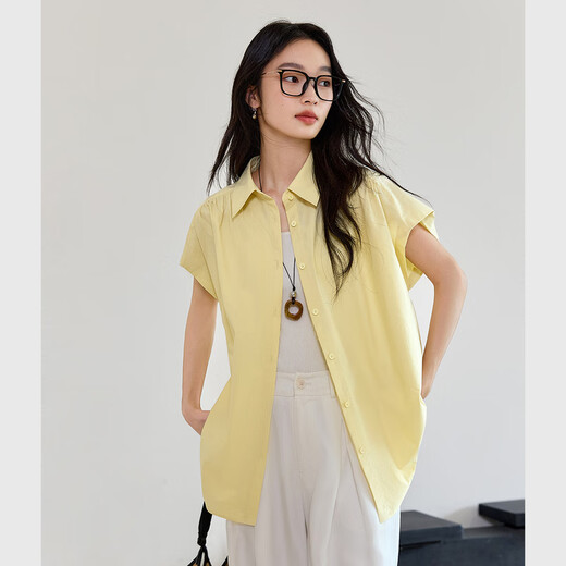 Vanciman Pure Cotton Damen-Kurzärärmel-Hemd für Frauen 2025 Sommer Neues Pendler einfaches Hemd Lose Revers Top M9859 Zitronen Sie