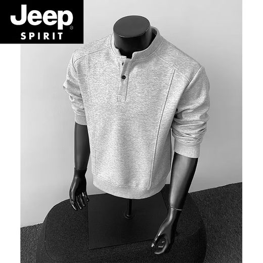 JEEP SPIRIT gray henley collar long-sleeved polo shirt men's American deconstructed splicing right shoulder t-shirt boxy version inner sweatshirt light gray short sleeves M