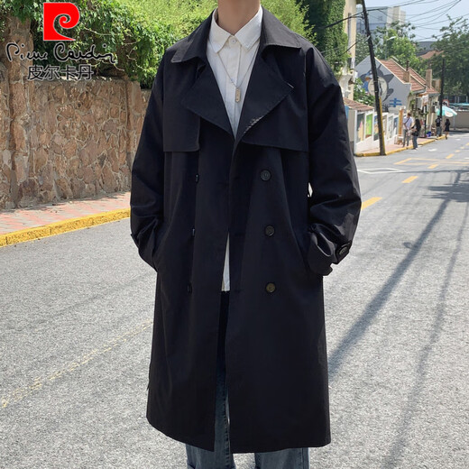 Pierre Cardin Balmacen trench coat men's mid-length autumn mature style godfather coat waisted Kensington German clerical coat black M