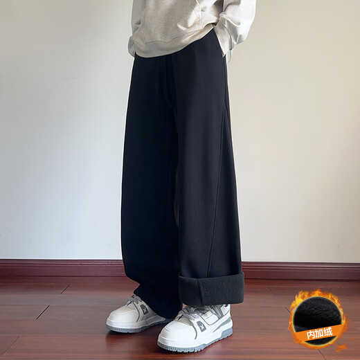 NYING fleece pants men's 25 autumn and winter new trendy brand retro warm sports casual pants large size loose straight trousers black fleece XL (130-150Jin Jin equals 0.5 kg)