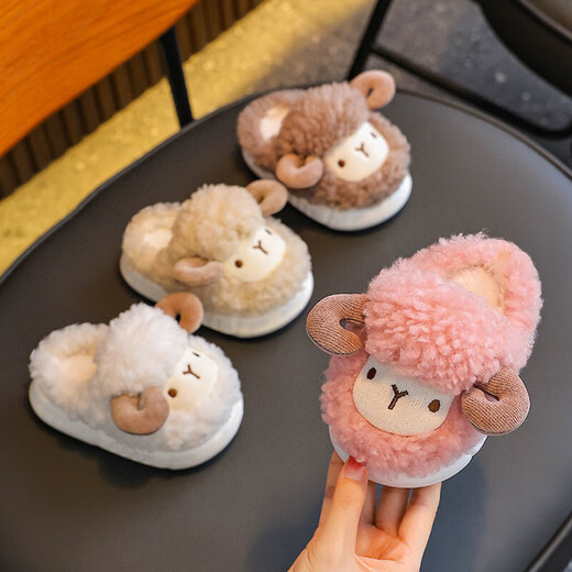 Winter children's cotton slippers for boys and girls, warm and plush, small and medium-sized children, infants and young children, home baby lamb cotton slippers, light coffee slippers, 12, 26/27 size (shoe length 16CM, suitable for feet 15