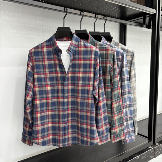 老人头（LAORENTOU）经典款加厚纯棉格子长袖衬衫中青年男士秋季 IF-25143蓝红格 XL 推荐140-160斤