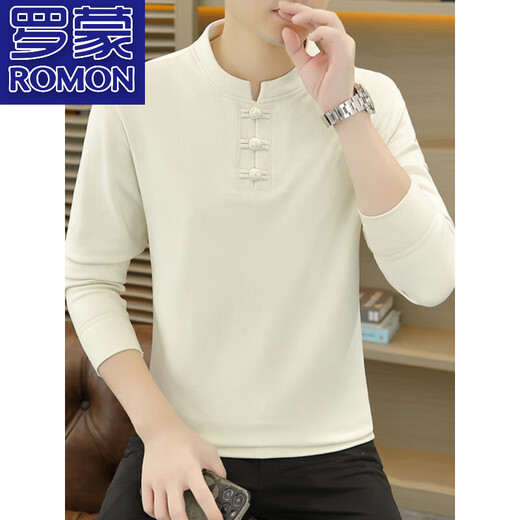 ROMON 100% cotton stand-up collar long-sleeved T-shirt men's Chinese style Henry collar polo shirt with button inside German velvet bottoming shirt 8806 Gray 2XL