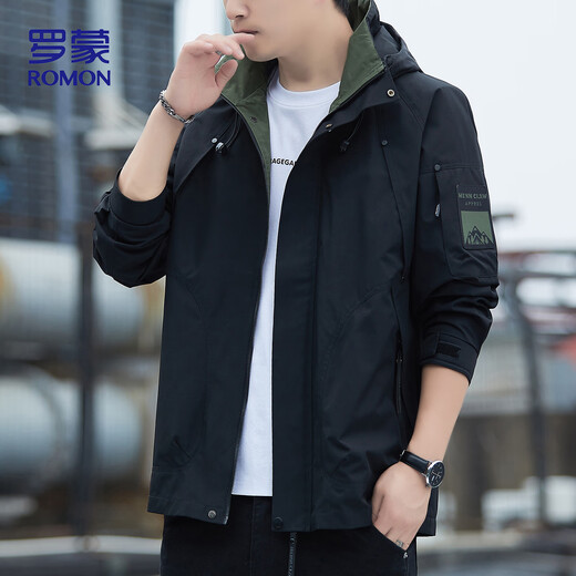 Romon Jacket Men's Autumn and Winter Business Casual Soft and Comfortable Executive Windproof Outdoor Sports Hooded Jacket Men's V6 Black 4X