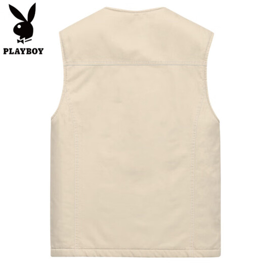 花花公子高端纯棉马甲男秋冬加绒加厚中老年男士无领马夹宽松背心大码坎肩 米白色 M 【90-105斤】