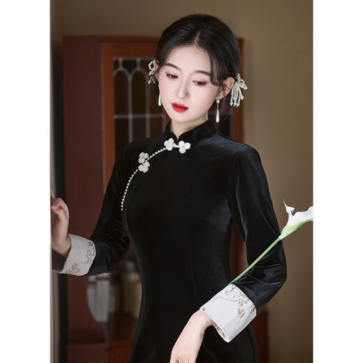 Clothing sample Retro black velvet cheongsam long-sleeved 2025 autumn slimming waist temperament dress daily style 557 L