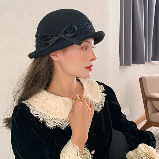 Woodpecker hat autumn and winter lace wool beret women's high-end French daughter's hat Hepburn retro basin hat off-white adjustable