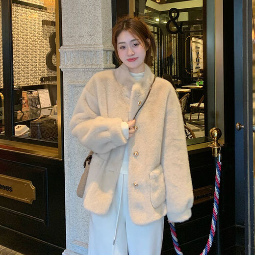 Cool Nello Fur Women's New Thickened Imitation Mink Fur One-piece Fur Jacket Women's Winter Short Stand Collar Eco-friendly Leather Cream White M