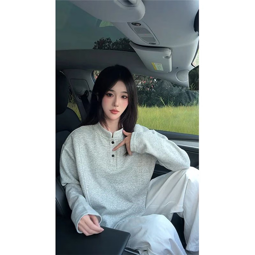 Jufeng American long-sleeved Henry collar T-shirt for men in autumn deconstructed right shoulder polo shirt sweatshirt heavy boxy inner layering shirt white gray upgraded model M 100-115Jin Jin is equal to 0.5 kg