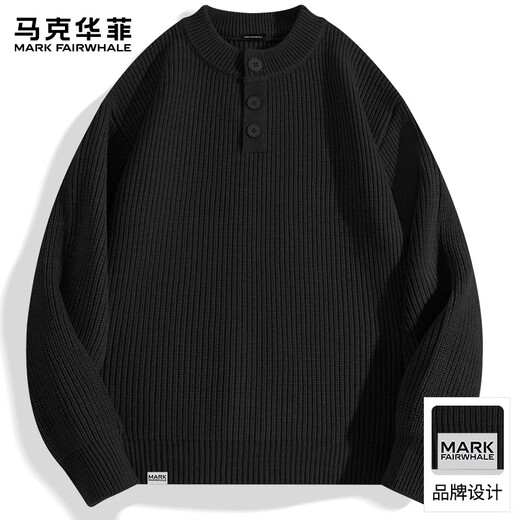 Mark Huafei Warm Knitted Sweater Men's Autumn and Winter Casual American Retro Henley Collar with Long Sleeves Black L