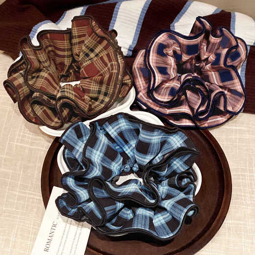 Let me shine Zhao Lusi's same style Korean navy blue plaid four-layer large intestine hair tie hair rope ball hair accessories Ruth's same style plaid headband