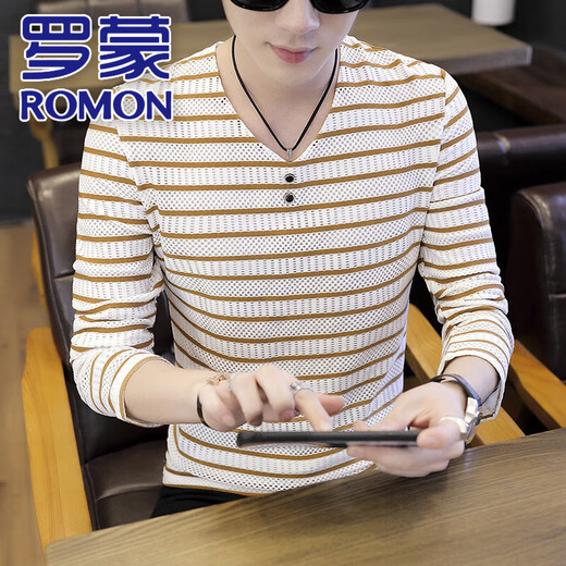 罗蒙（ROMON）春夏装青年t恤男V领长袖薄款夏秋衣韩版潮流帅气卫衣春夏季上衣服 6188黑色 XL