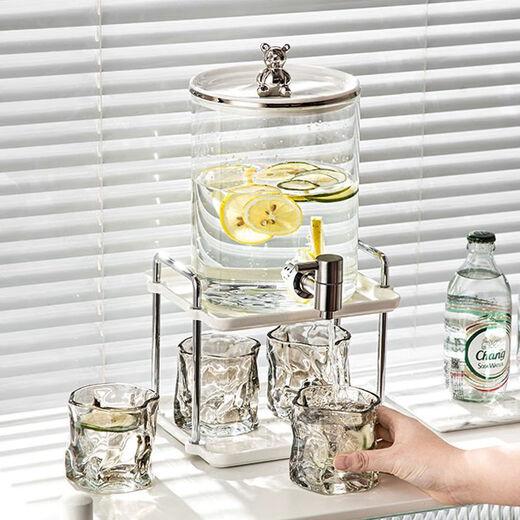 Atour Hotel same style glass cold kettle with faucet kettle large capacity household fruit tea beverage bucket 3.6L silver juice bucket + ceramic shelf