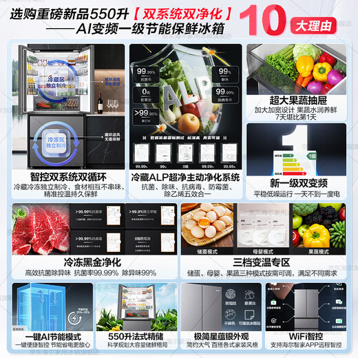 Haier Refrigerator produces Leader Dual System 575 2025 new product French multi-door household dual cycle air-cooled frost-free first-class energy efficiency variable frequency Leader refrigerator dual system dual cycle + ALP ultra-clean system + three-speed variable temperature