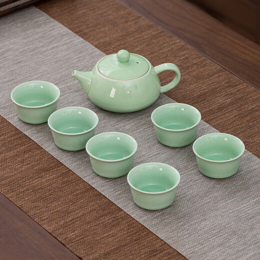 Celadon handle teapot Kung Fu tea set ceramic household simple teapot tea cup complete set Japanese style small set 7-head celadon hand holding pot flat cup