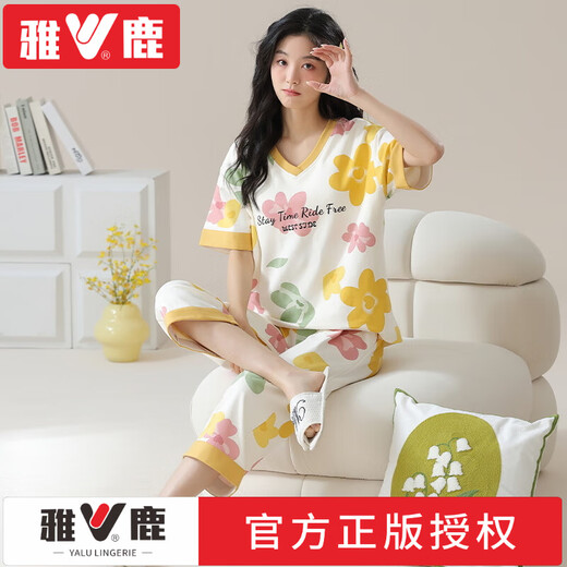 雅鹿睡衣女士夏季纯棉V领短袖七分裤宽松休闲可外穿春家居服套装凉感 品牌T-9855(短裤套装) M (80-100斤)