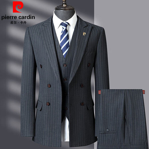Pierre Cardin French haute couture striped suit suit for men, high-end double-breasted middle-aged business suit, three-piece wedding dress, gray L size 175, it is recommended that 125 Jin Jin equals 0.5 kg -135 Jin Jin equals 0.5 kg