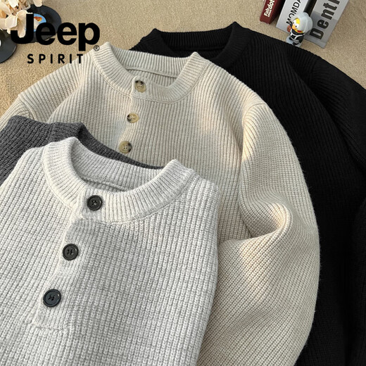 JEEP SPIRIT 2025 American casual retro Henry collar sweater men's autumn and winter lazy style high-end knitted sweater for men black L