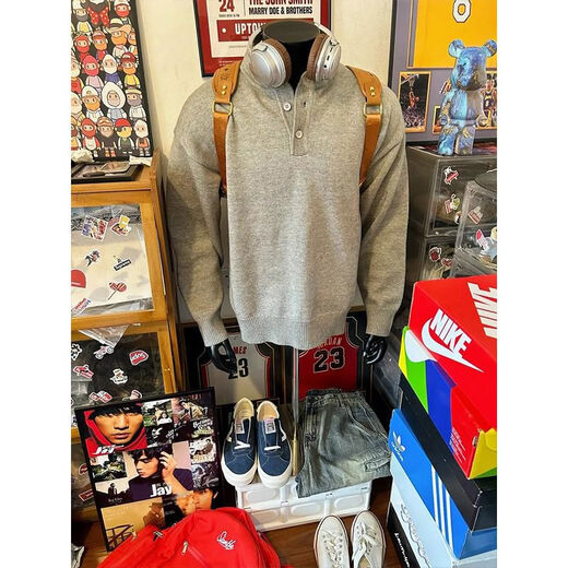 American retro gray Henry collar sweater for men in autumn and winter, lazy style cleanf bottoming sweater, light gray upgraded version 90 options M