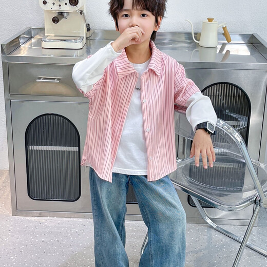 Boys' long-sleeved summer fake two-piece shirt new lapel cardigan medium and large children's trendy striped top shirt 216 fake two-piece shirt red Haozhiyuan top 160 cm