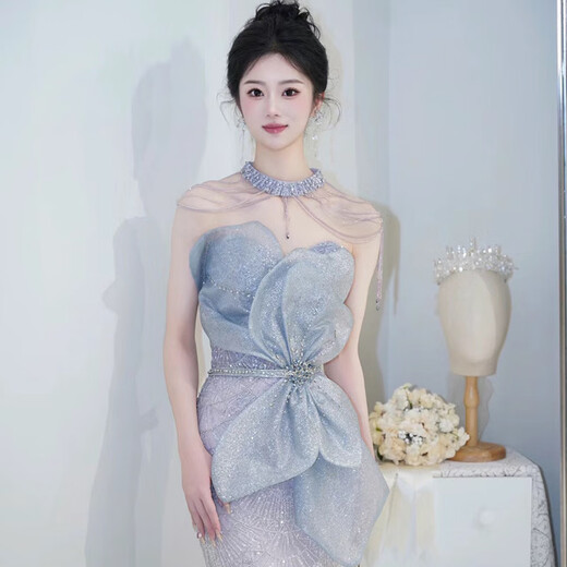 Mermaid evening dress for women 2025 new style high-end atmosphere niche French annual meeting host evening dress gray blue M 85Jin Jin is equal to 0.5kg -90Jin Jin is equal to 0.5kg. Card code to shoot large