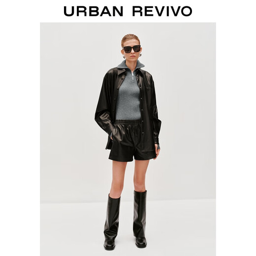 
UR[HOT]2025 autumn new women's amber streamer elastic waist leather shorts UWJ650058 dark brown XS