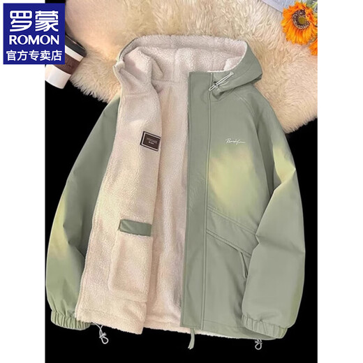 ROMON velvet double-sided jacket for men in autumn and winter new loose and comfortable casual lamb velvet hooded Hong Kong style cotton coat for men 2456 khaki plus velvet L Recommended 120-135 Jin Jin equals 0.5 kg