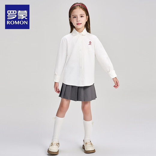 Romon children's clothing French preppy shirt girls autumn lace doll collar top embroidered white shirt white 120