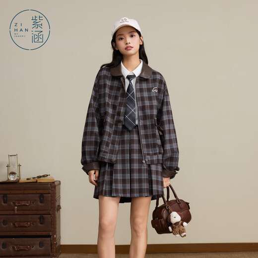Zihan (ZIHAN) Zihan retro college style coffee grid jacket pleated skirt top and bottom suit skirt for women 2025 autumn new style coffee grid S