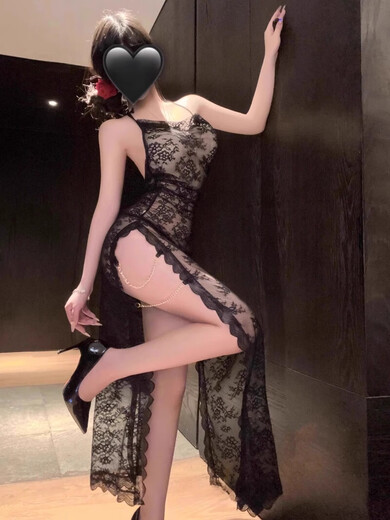 Kuangmo sexy qqny pajamas long lace transparent temptation looming cheongsam long skirt large size love and fun underwear blue nightgown + T pants one size fits all recommended 80-120 Jin Jin equals 0.5 kg