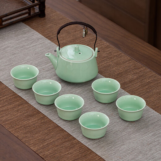 Celadon handle teapot Kung Fu tea set ceramic household simple teapot tea cup complete set Japanese style small set 7-head celadon hand holding pot flat cup