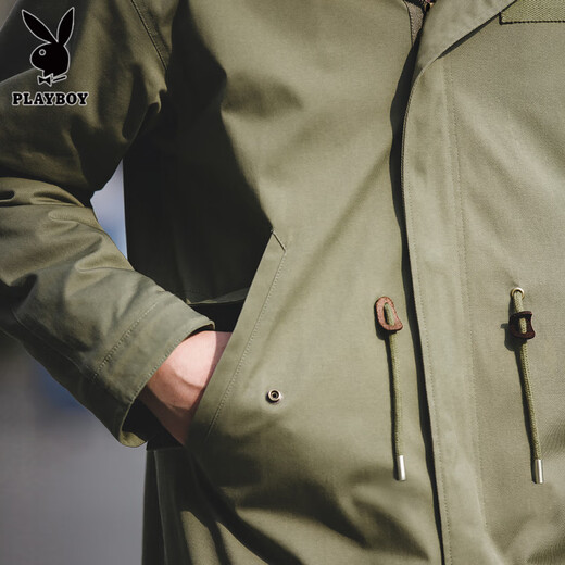 Playboy (PLAYBOY) 2025 new American retro fashion fishtail mid-length windbreaker jacket hooded parka coat cotton jacket for men spring military green version looser XL