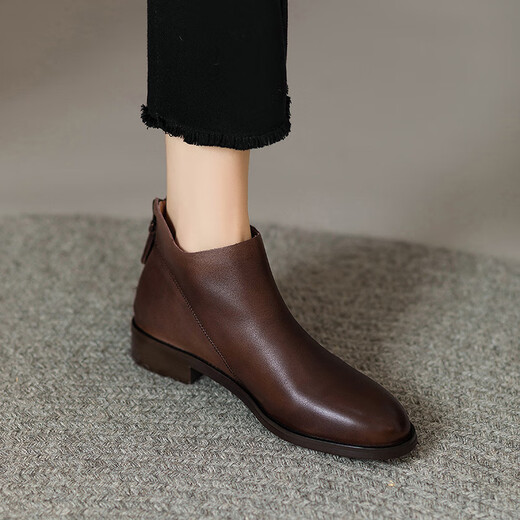 Belle's high-end super soft genuine leather flat-soled French style ankle boots for women 2024 spring and autumn retro brown (single lining) 38