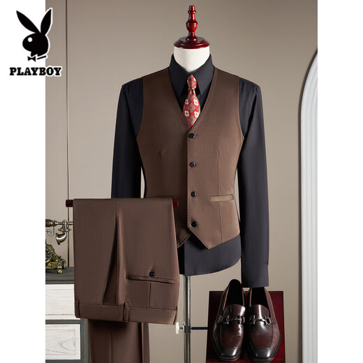 Playboy Double Breasted Wool Suit Men's Suit Business Formal High Quality Slim Plus Size Groom Wedding Suit Three Piece Black Suit+Trousers+Vest L (110-125Jin Jin equals 0.5kg)