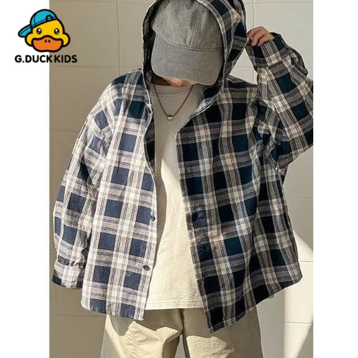 G.duck little yellow duck children's hooded shirt spring, summer and autumn new plaid shirt girls, middle and older children new boys handsome 100-color hooded plaid shirt 110