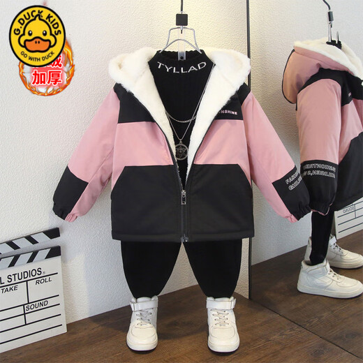 G.DUCKKIDS boys winter coat warm velvet hooded jacket girls autumn and winter Korean letter print thickened loose cotton coat back diagonal zipper velvet jacket black 100 cm suitable for 90-100cm age 3-4 years old