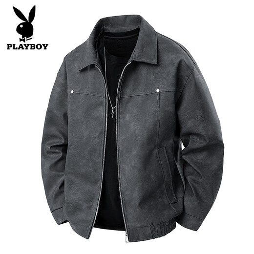 Playboy (PLAYBOY) leather jacket men's autumn and winter American retro handsome high-end lapel casual versatile leather jacket for men PY2516 dark gray L recommended 110-125 Jin Jin equals 0.5 kg