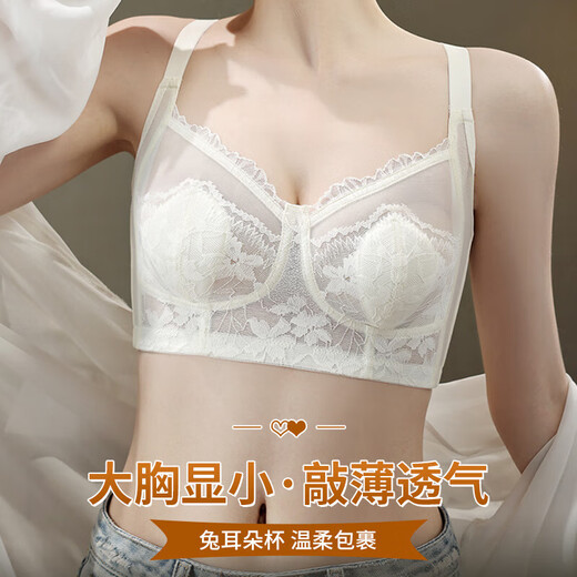 薄款兔耳杯蕾丝内衣女士大胸显小收副乳上托防下垂聚拢性感文胸罩 R-621 香槟 XL 38/85BCD 通杯