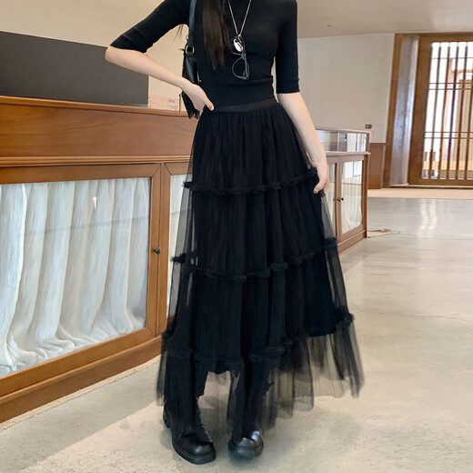 Mesh skirt women's winter reversible high-waisted A-line gauze skirt 2025 new super fairy cake skirt versatile apricot color one size fits all 80-150Jin Jin equals 0.5 kg