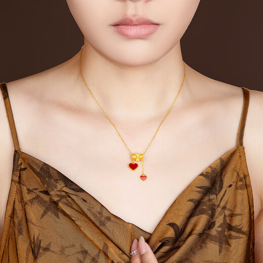 Mingzuan International 18K gold heart-to-heart red agate pendant au750 love tassel neck necklace as a birthday gift for your girlfriend