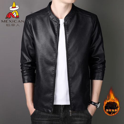 Scarecrow's new leather jacket for men in spring, autumn and winter, fashionable washed solid color slim fit business casual PU leather jacket plus velvet jacket 8802 black plus velvet style XL (recommended 120-140Jin Jin equals 0.5kg)