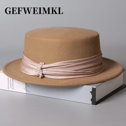 GEFWEIMKL Merino Wool Hat Women's Autumn and Winter New French Retro Elegant Flat Top Wool Hat Satin Pearl Women Enamel Burgundy Adjustable (56-58cm)