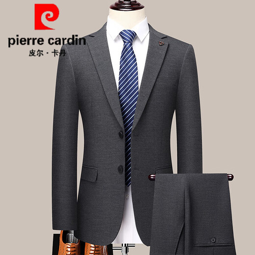 Pierre Cardin Wool Suit Men's 2025 Autumn and Winter New Middle-aged Men's High-end Business Casual Formal Wedding Suit 2601 Gray Stripe Two Buttons Bilateral Slits XL (180) - Recommended weight 145-165 Jin Jin equals 0.5 kg